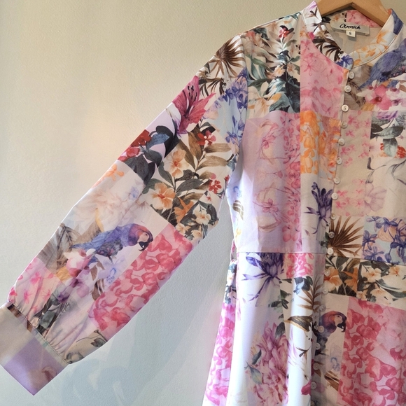 Annick Patchwork Tropical Floral Animal Print Midi Feminine Long Sleeve Dress S - Picture 6 of 13